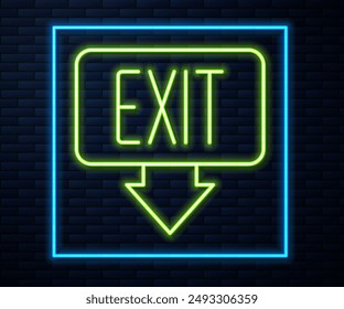 Glowing neon line Fire exit icon isolated on brick wall background. Fire emergency icon.  Vector