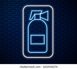 Glowing neon line Fire extinguisher icon isolated on brick wall background.  Vector Illustration