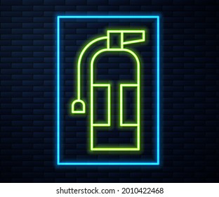 Glowing neon line Fire extinguisher icon isolated on brick wall background.  Vector