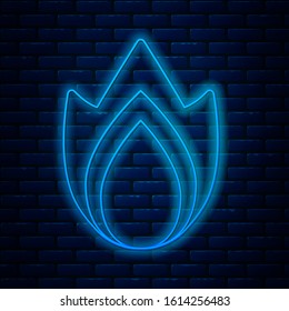 Glowing neon line Fire flame icon isolated on brick wall background. Heat symbol.  Vector Illustration