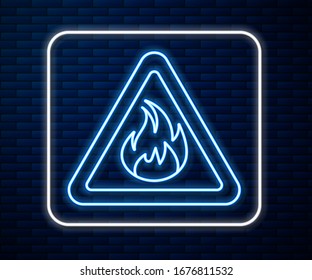 Glowing neon line Fire flame in triangle icon isolated on brick wall background. Warning sign of flammable product.  Vector Illustration