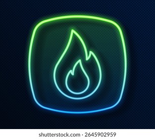 Glowing neon line Fire flame icon isolated on blue background.  Vector