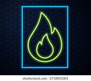 Glühende Neonlinie Feuerflammensymbol einzeln auf Ziegelsteinwand-Hintergrund.  Vektorgrafik
