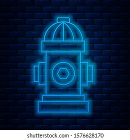 Glowing neon line Fire hydrant icon isolated on brick wall background.  Vector Illustration