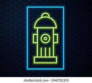 Glowing neon line Fire hydrant icon isolated on brick wall background.  Vector