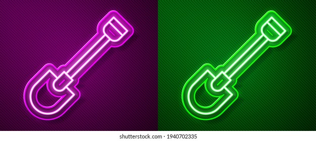 Glowing neon line Fire shovel icon isolated on purple and green background. Fire protection equipment. Equipment for firefighter.  Vector