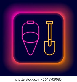Glowing neon line Fire shovel and cone bucket icon isolated on black background. Colorful outline concept. Vector