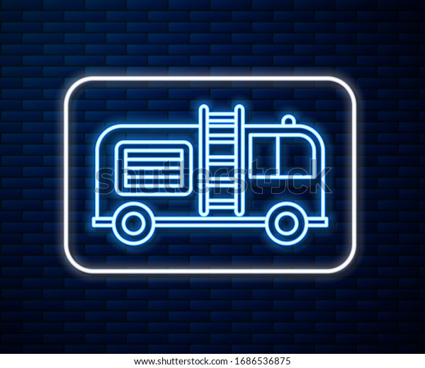 Glowing neon line Fire truck icon isolated\
on brick wall background. Fire engine. Firefighters emergency\
vehicle.  Vector\
Illustration
