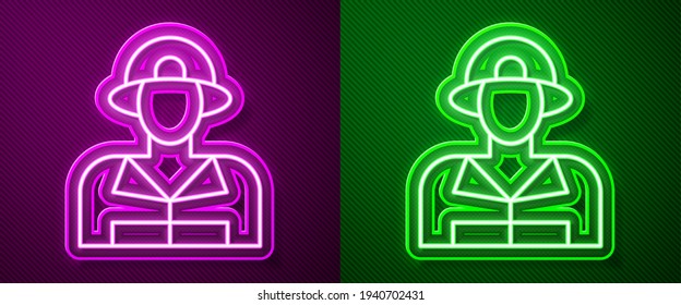 Glowing neon line Firefighter icon isolated on purple and green background.  Vector