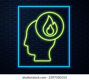 Glowing neon line Firefighter icon isolated on brick wall background.  Vector