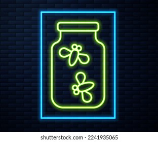 Glowing neon line Fireflies bugs in a jar icon isolated on brick wall background.  Vector