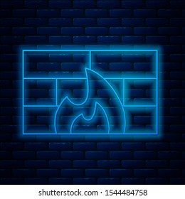 Glowing neon line Firewall, security wall icon isolated on brick wall background.  Vector Illustration