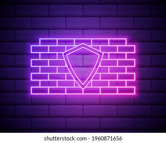 Glowing neon line Firewall, security wall icon isolated on brick wall background. Vector Illustration