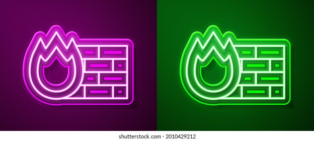 Glowing neon line Firewall, security wall icon isolated on purple and green background.  Vector