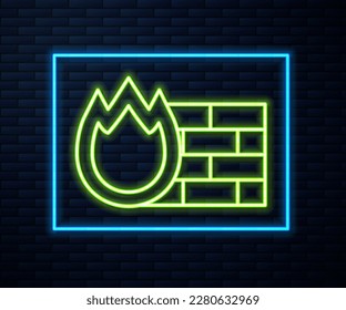 Glowing neon line Firewall, security wall icon isolated on brick wall background.  Vector