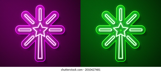 Icono de la línea de neón brillante Firework aislado en el fondo morado y verde. Concepto de fiesta divertida. Símbolo pirotécnico explosivo.  Vector