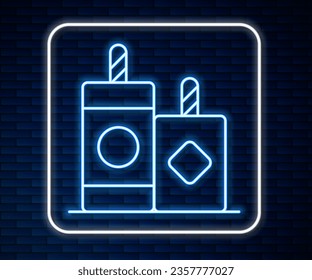 Glowing neon line Firework icon isolated on brick wall background. Concept of fun party. Explosive pyrotechnic symbol. Lighting firecrackers.  Vector