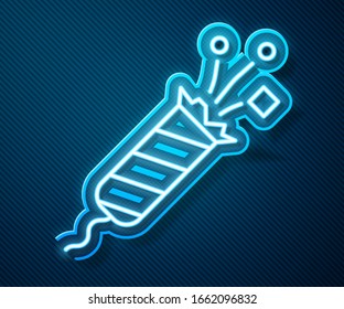 Icono del cohete Firework de la línea de neón brillante aislado en fondo azul. Concepto de fiesta divertida. Símbolo pirotécnico explosivo. Ilustración vectorial