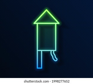Glowing neon line Firework rocket icon isolated on blue background. Concept of fun party. Explosive pyrotechnic symbol.  Vector