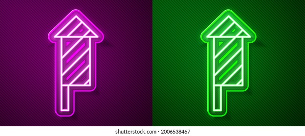 Glowing neon line Firework rocket icon isolated on purple and green background. Concept of fun party. Explosive pyrotechnic symbol.  Vector