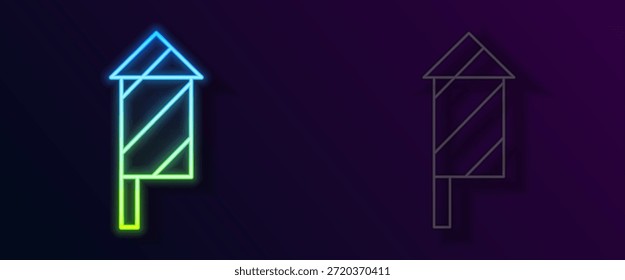 Línea de neón brillante Icono de cohete de fuegos artificiales aislado sobre fondo negro. Concepto de fiesta divertida. Símbolo pirotécnico explosivo.  Vector