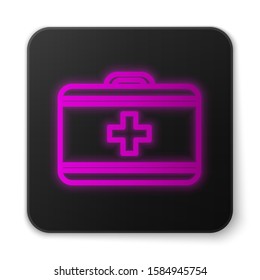 Glowing neon line First aid kit icon isolated on white background. Medical box with cross. Medical equipment for emergency. Healthcare concept. Black square button. Vector Illustration