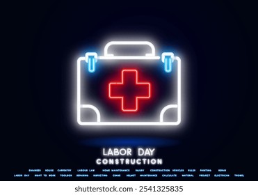 Glowing neon line First aid kit icon isolated on brick wall background.