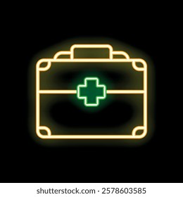 Glowing neon line first aid kit icon isolated on black background. Holistic medicine, healthcare, emergency concept. Vector illustration