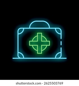 Glowing neon line first aid kit icon isolated on black background. Medical box with cross. Medical health care. Concept illustration. Vector