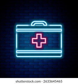 Glowing neon line First aid kit icon isolated on brick wall background. Medical box with cross. Medical equipment for emergency. Healthcare concept. Colorful outline concept. Vector
