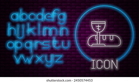 Glowing neon line First communion symbols for a nice invitation icon isolated on brick wall background. Neon light alphabet. Vector Illustration