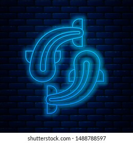 Glowing neon line Fish icon isolated on brick wall background.  Vector Illustration