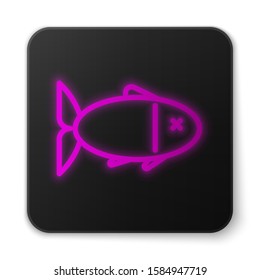 Glowing neon line Fish icon isolated on white background. Black square button. Vector Illustration