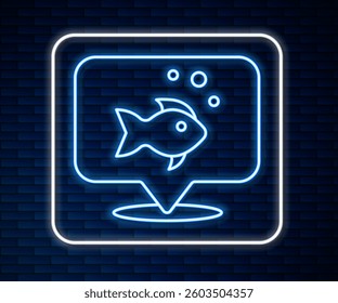 Glowing neon line Fish icon isolated on brick wall background.  Vector