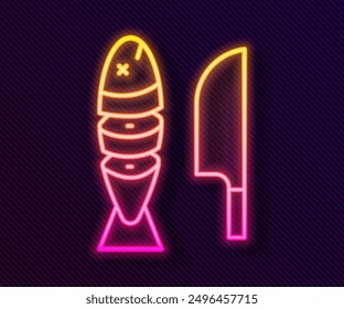 Glowing neon line Fish with sliced pieces with knife icon isolated on black background.  Vector