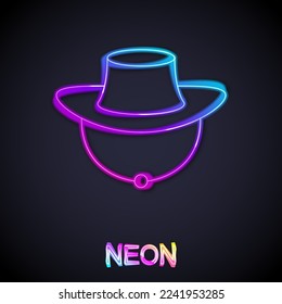 Glowing neon line Fisherman hat icon isolated on black background.  Vector