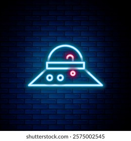 Glowing neon line Fisherman hat icon isolated on brick wall background. Colorful outline concept. Vector