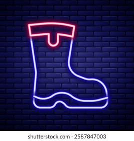 Glowing neon line Fishing boots icon isolated on brick wall background. Waterproof rubber boot. Gumboots for rainy weather, fishing, hunter, gardening. Colorful outline concept. Vector