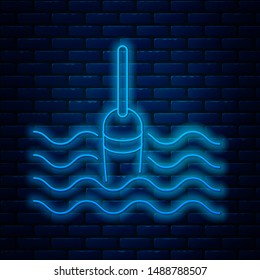 Glowing neon line Fishing float in water icon isolated on brick wall background. Fishing tackle.  Vector Illustration