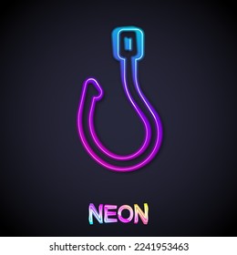 Glowing neon line Fishing hook icon isolated on black background. Fishing tackle.  Vector