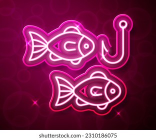 Glowing neon line Fishing hook under water with fish icon isolated on red background. Fishing tackle.  Vector