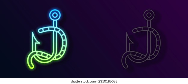 Glowing neon line Fishing hook and worm icon isolated on black background. Fishing tackle.  Vector