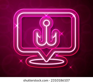 Glowing neon line Fishing hook icon isolated on red background. Fishing tackle.  Vector