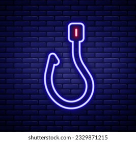 Glowing neon line Fishing hook icon isolated on brick wall background. Fishing tackle. Colorful outline concept. Vector