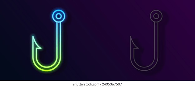 Glowing neon line Fishing hook icon isolated on black background. Fishing tackle.  Vector