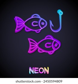 Glowing neon line Fishing hook under water with fish icon isolated on black background. Fishing tackle.  Vector