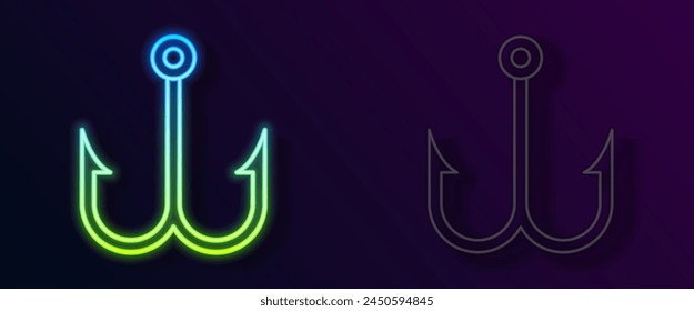 Glowing neon line Fishing hook icon isolated on black background. Fishing tackle.  Vector