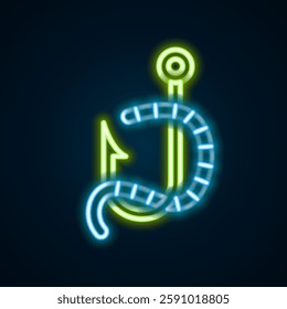 Glowing neon line Fishing hook and worm icon isolated on black background. Fishing tackle. Colorful outline concept. Vector