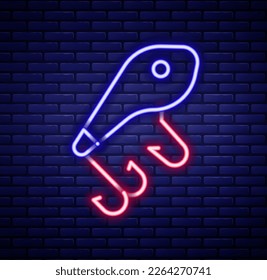 Glowing neon line Fishing lure icon isolated on brick wall background. Fishing tackle. Colorful outline concept. Vector