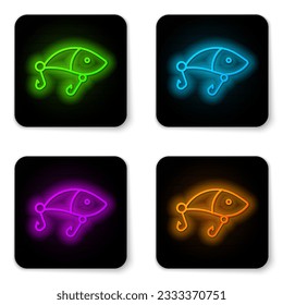 Glowing neon line Fishing lure icon isolated on white background. Fishing tackle. Black square button. Vector